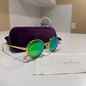 Gucci GG0872S 002 Gold Tone Metal White Acetate Green Round Sunglasses w/ Case